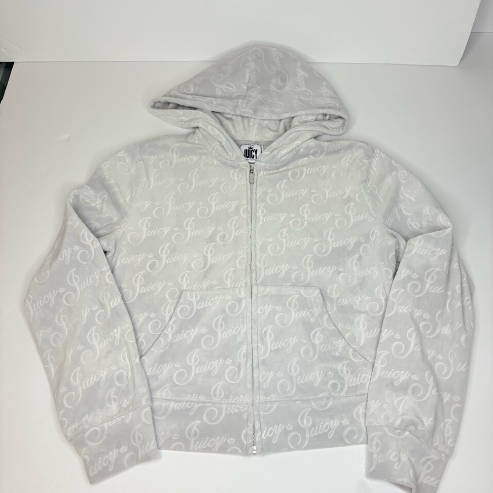 Juicy Couture Full Zip Grey Velour Jacket All Over Juicy&Crown Logo Y2K SzM - Picture 6 of 14